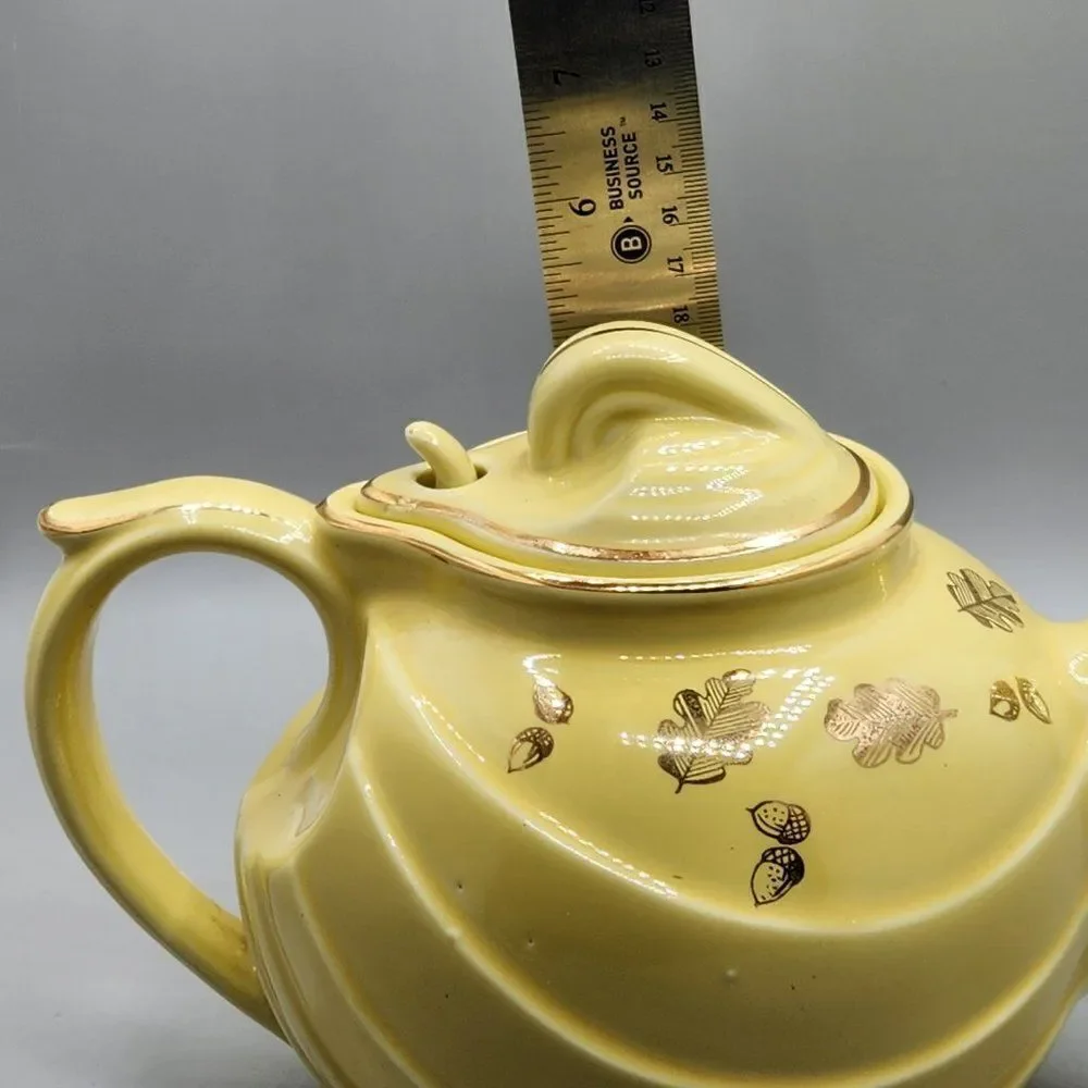 Vtg HALL Teapot Yellow 6 Cup 0799 Made in USA Art Deco Gold Trim Autumn Leaves
